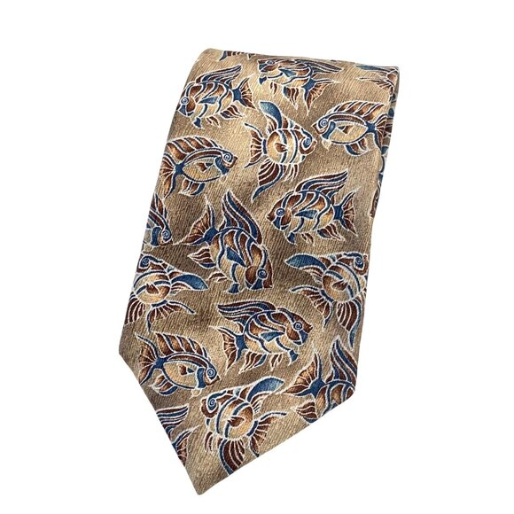 Tropicals by Tango Brown & Blue Fish Pattern Silk Tie - Picture 1 of 4